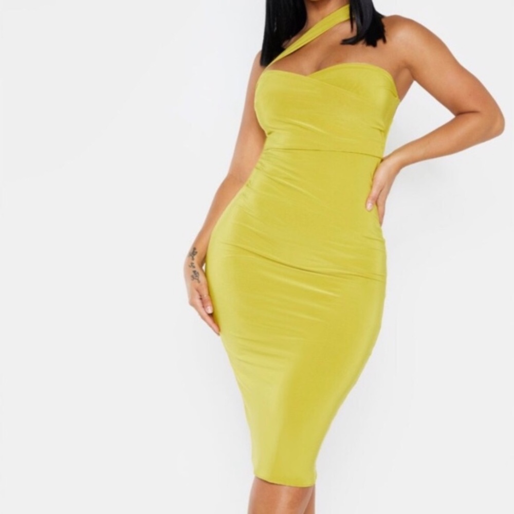NWT PrettyLittleThing Shape Chartreuse Slinky One Shoulder Wrap Midi Dress 2 - Picture 1 of 6